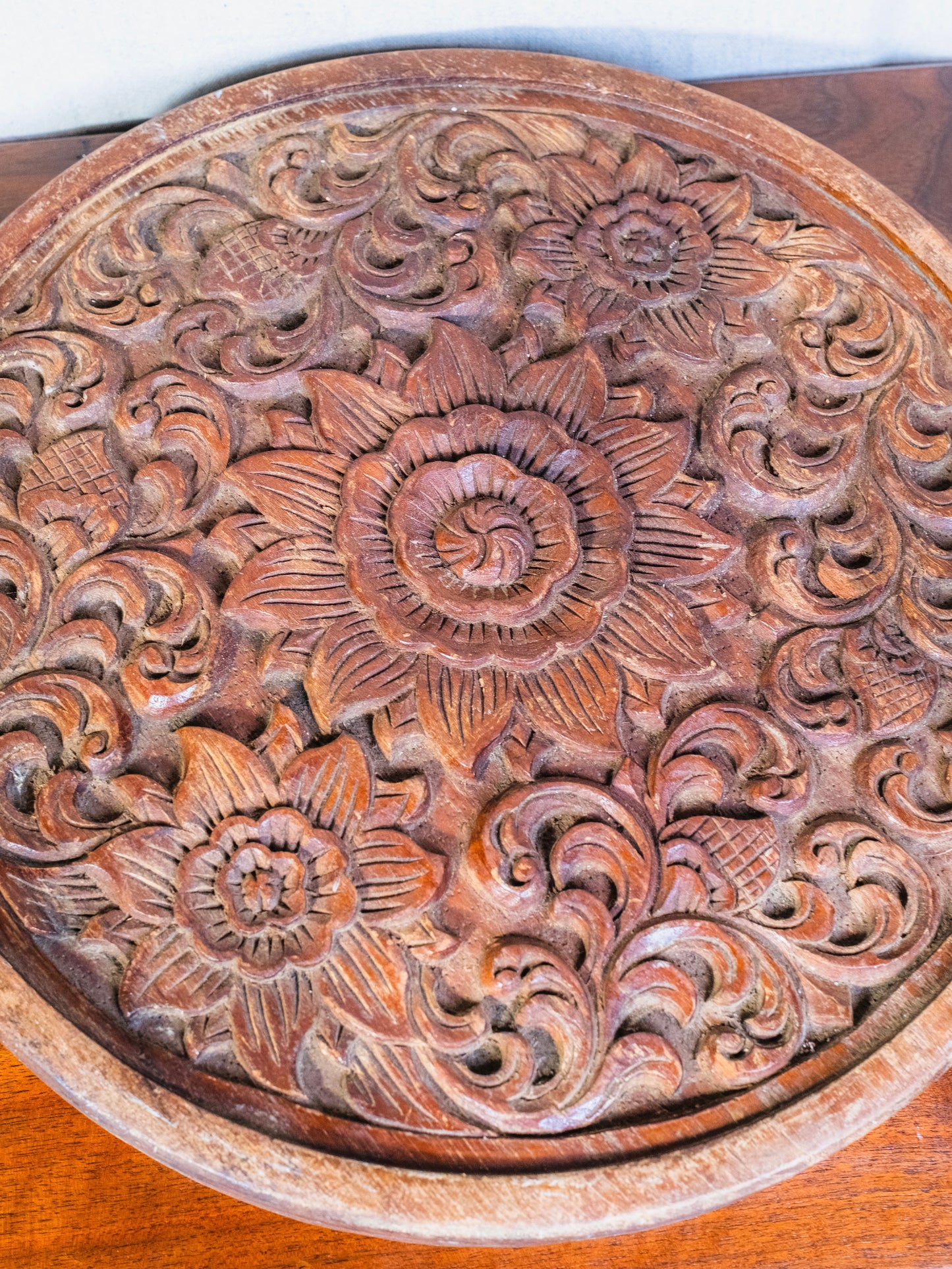 Vintage 1960s Round Ornate Wood-Carved Chess Board