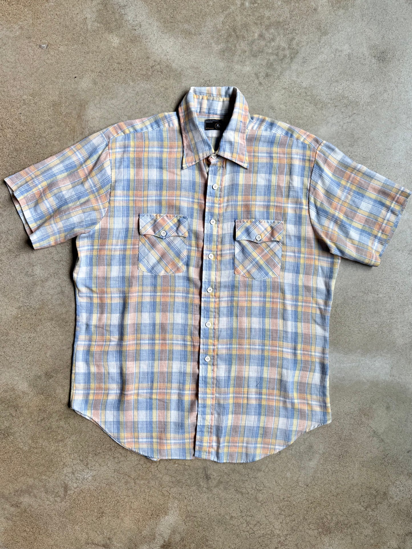 Vintage 1970s JCPenney Pastel Plaid Short Sleeve Shirt | XL