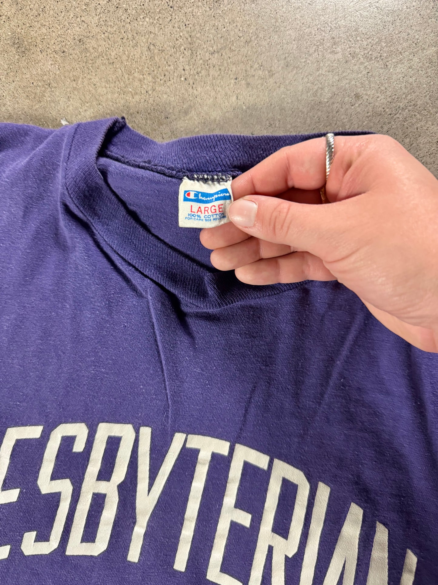 Vintage 1980s Champion Purple Presbyterian College Tee | Large