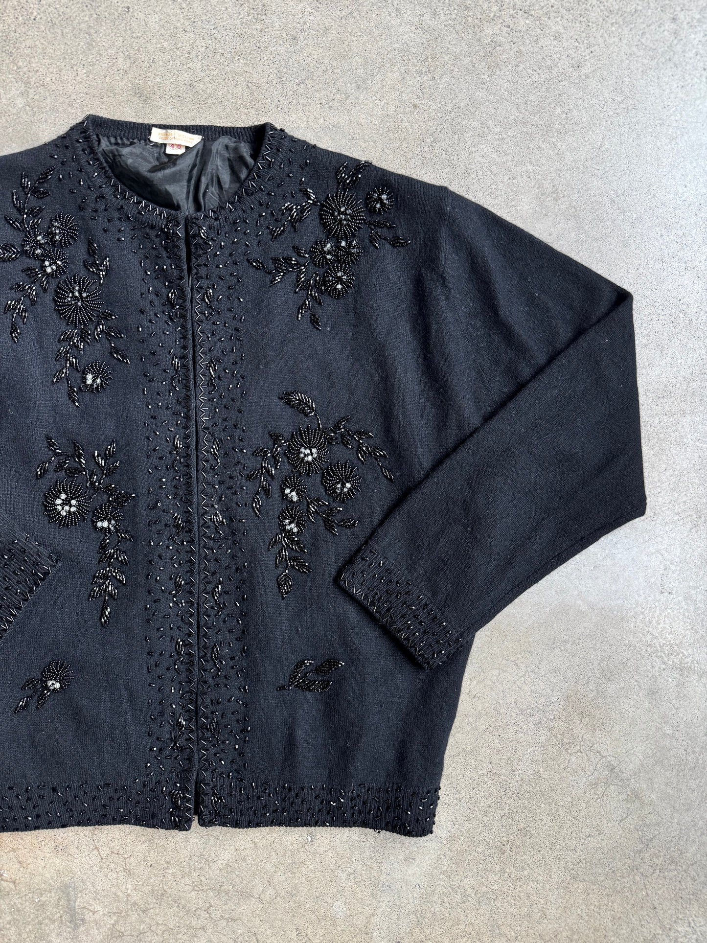Vintage 1950s Black Beaded Cardigan Sweater | S/M