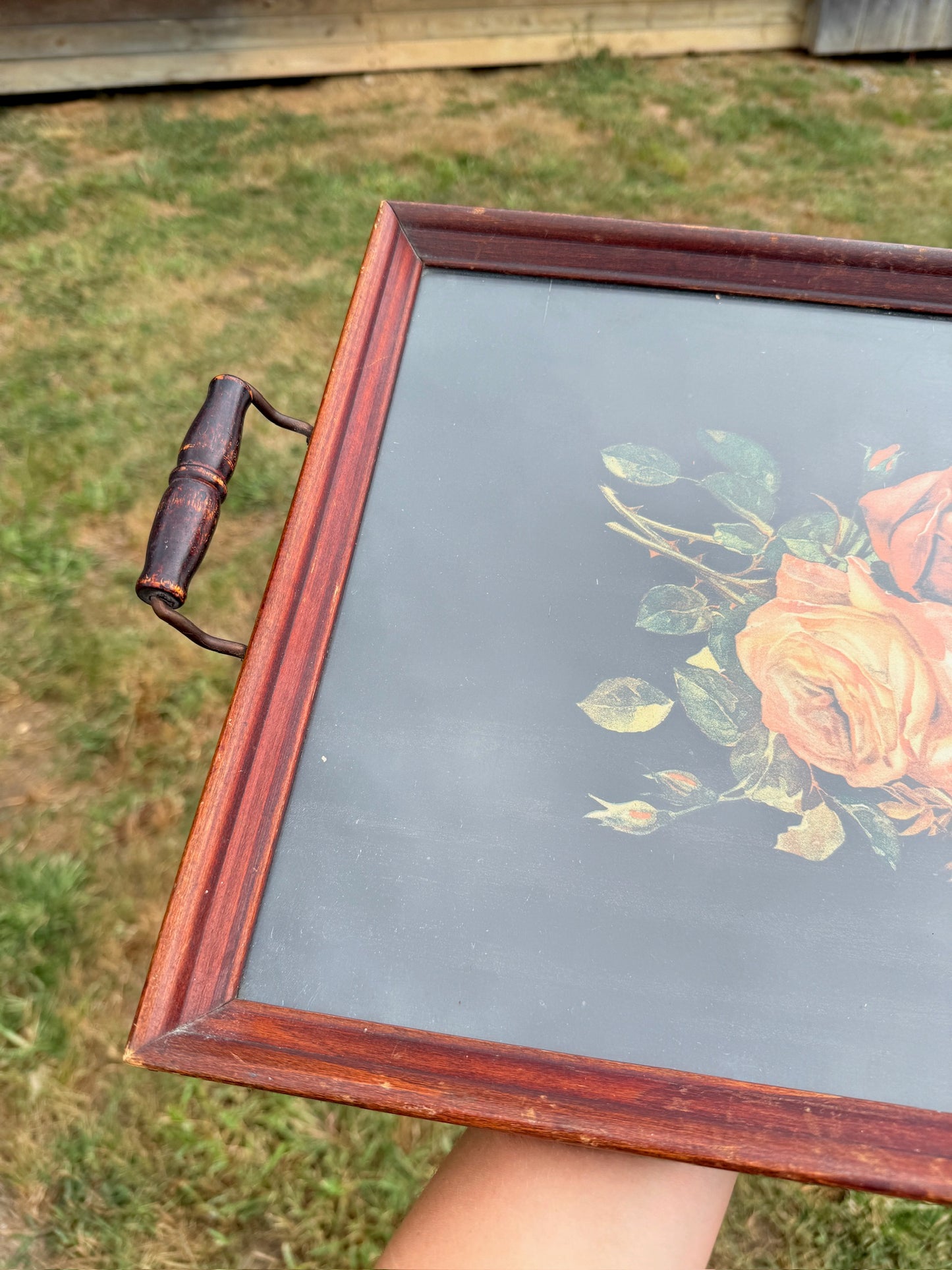 Vintage 1960s Wood & Glass Floral Print Serving Tray