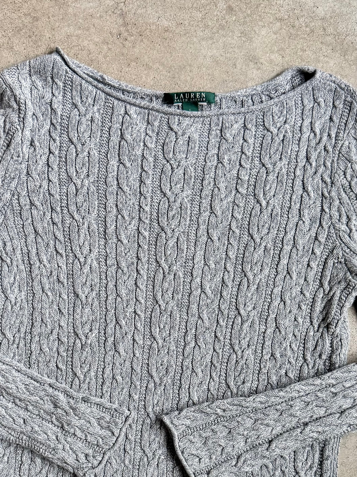 Vintage Lauren Ralph Lauren Grey Cable-Knit Boat Neck Sweater | Large