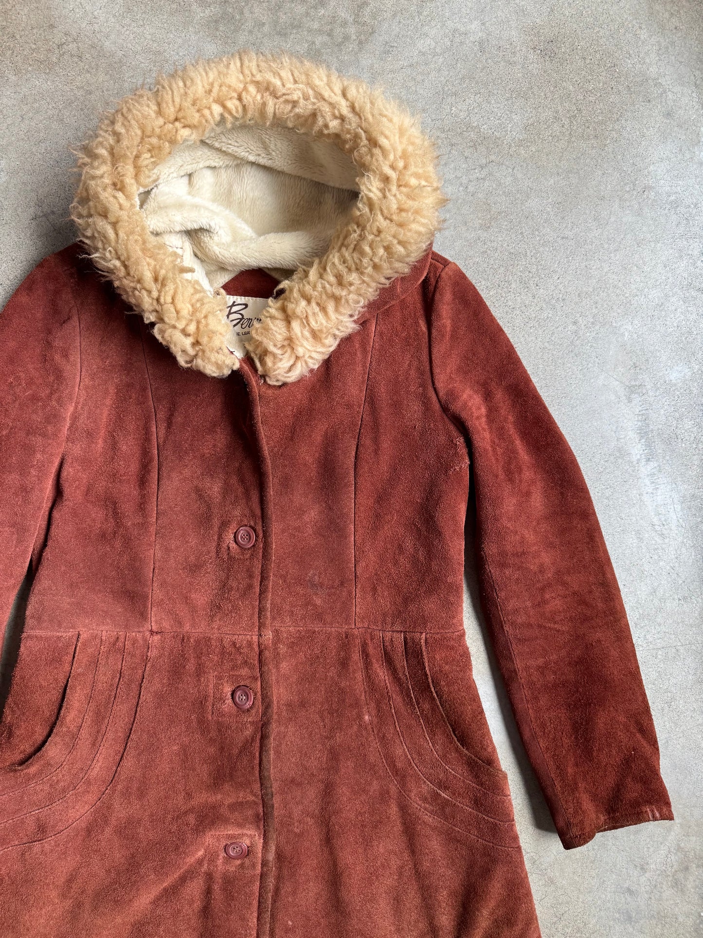 Vintage 1970s Berman’s Brown Suede Lamb Fur Trim Hooded Overcoat | Medium