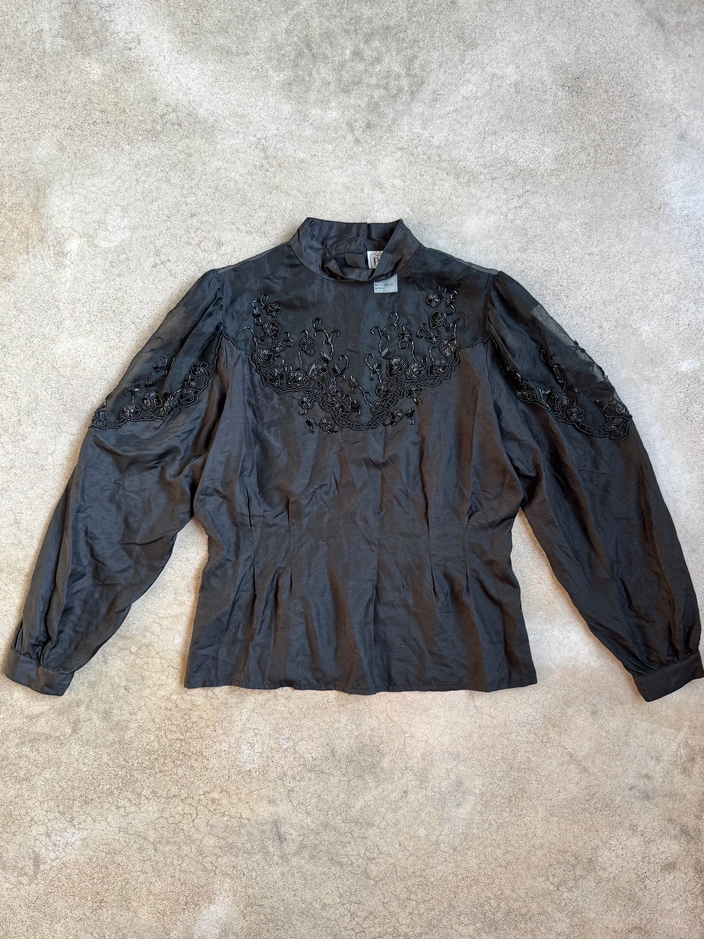 Vintage 1980s Nancy Johnson for Prisma Black Beaded 100% Silk Blouse | Medium
