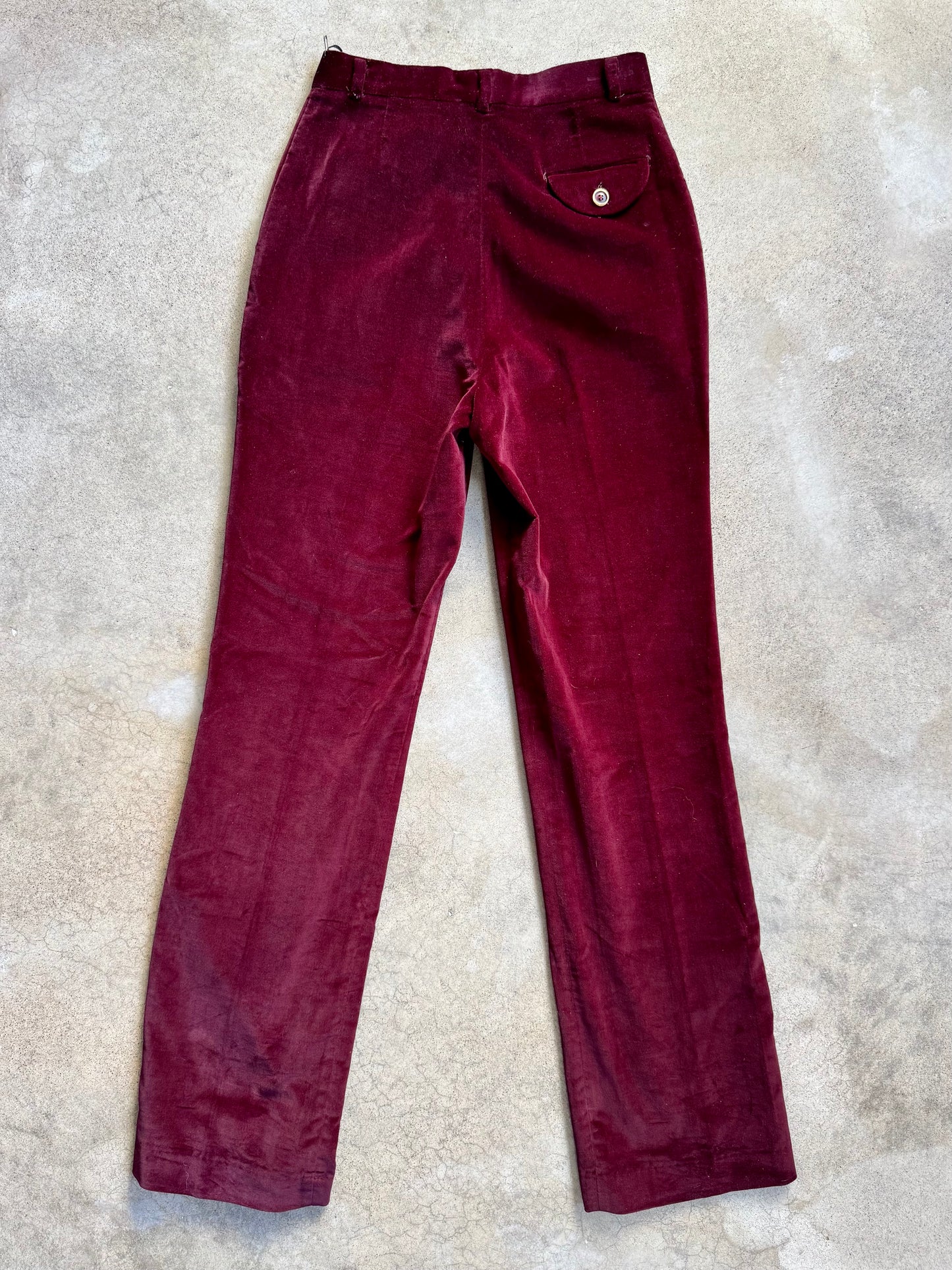Vintage 1970s Sachel Burgundy Velvet High-Waist Trousers | Waist 28”