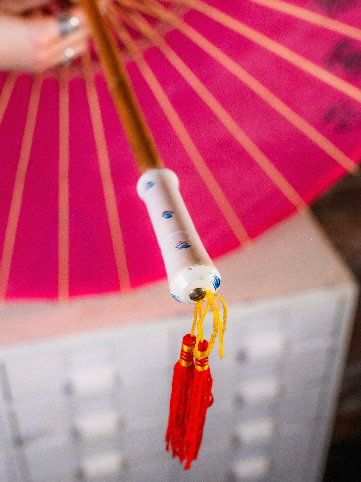 Vintage Asian Bamboo Pink Floral Hand-Painted Parasol
