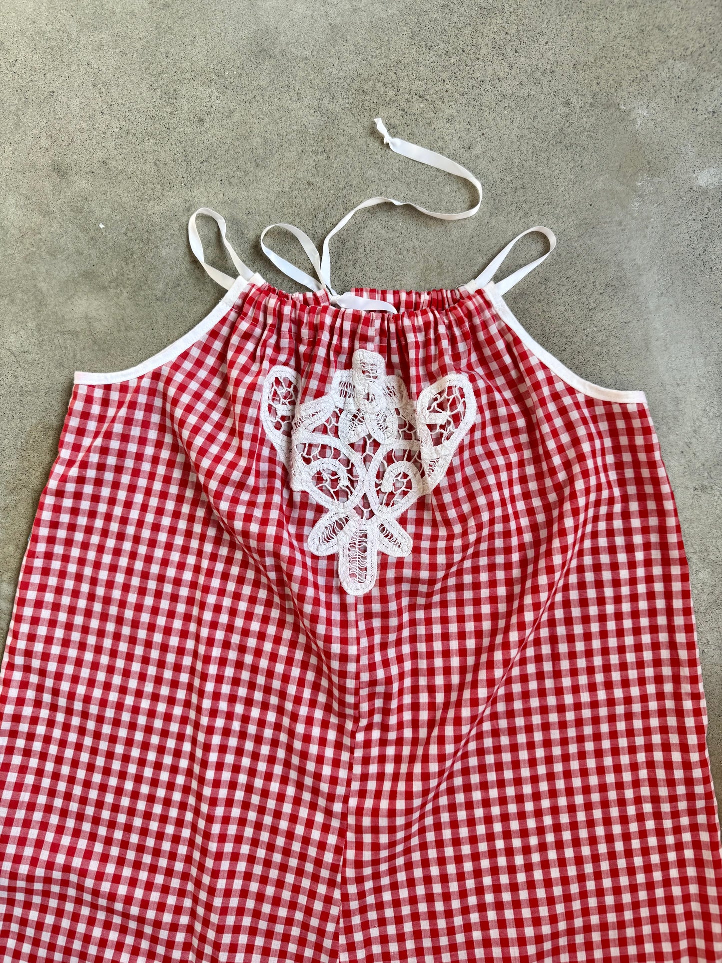 Vintage 1960s Handmade Red Gingham Floral Appliqué Mini Dress | XS/S