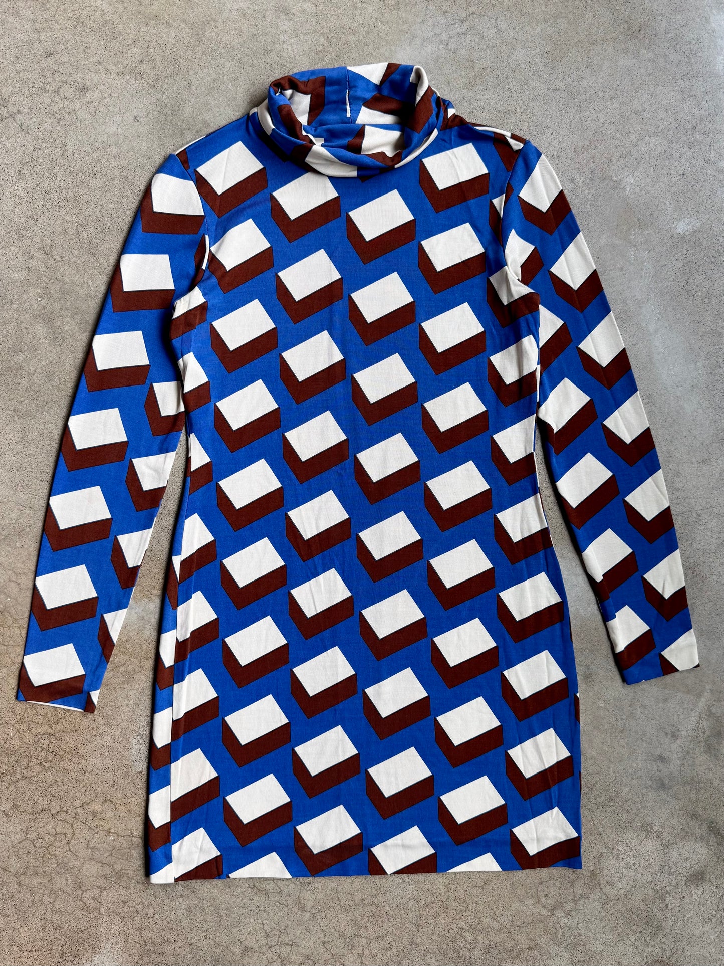 Vintage 1990s Diane Von Furstenberg 100% Silk Geometric Turtleneck Mini Dress | Small