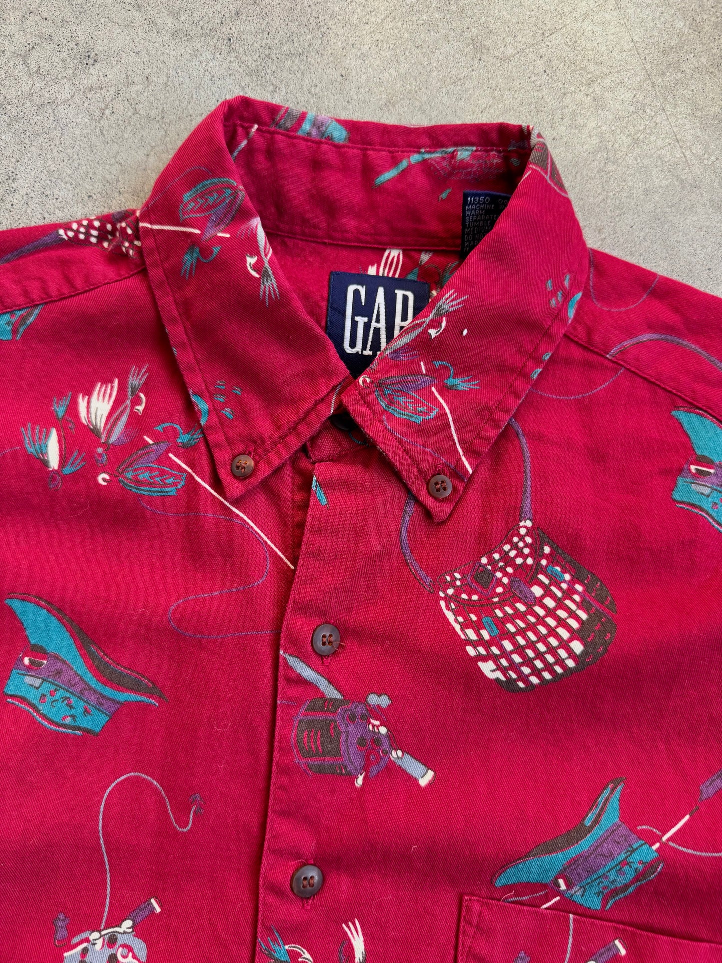 Vintage 1990s GAP Red Fishing Print Cotton Button-Down Shirt | Medium