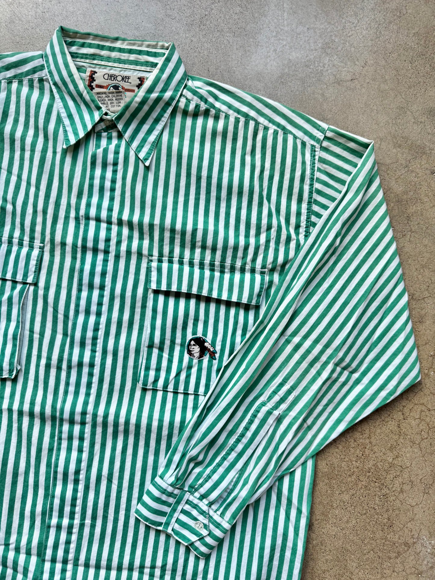 Vintage 1980s Cherokee Green & White Striped Utility Shirt | Medium