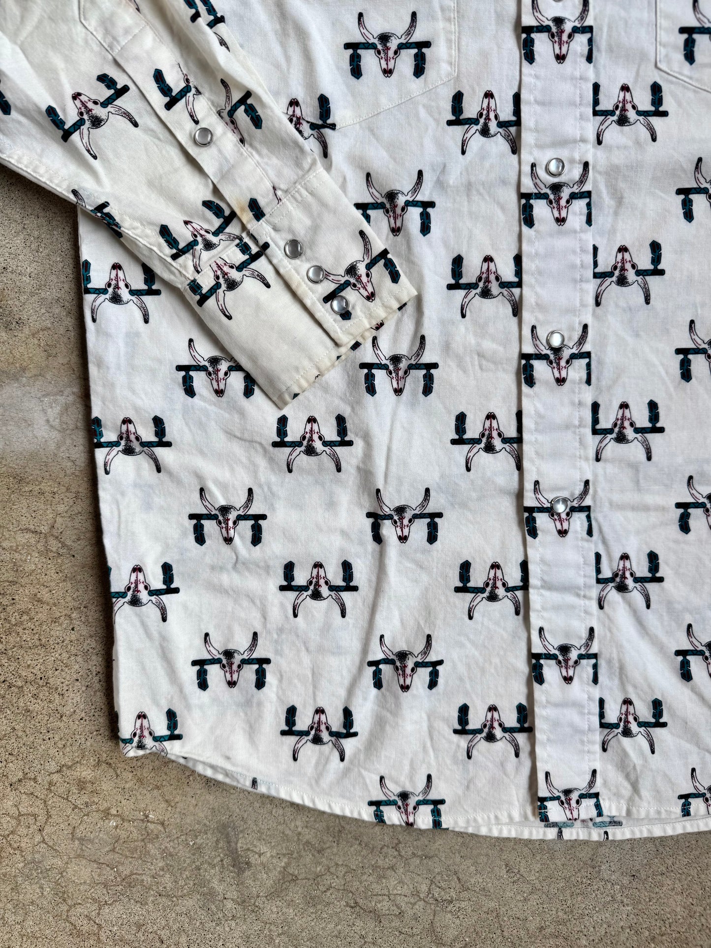 Vintage 1980s Panhandle Slim Western Bull Skull Pearl Snap Shirt | Medium