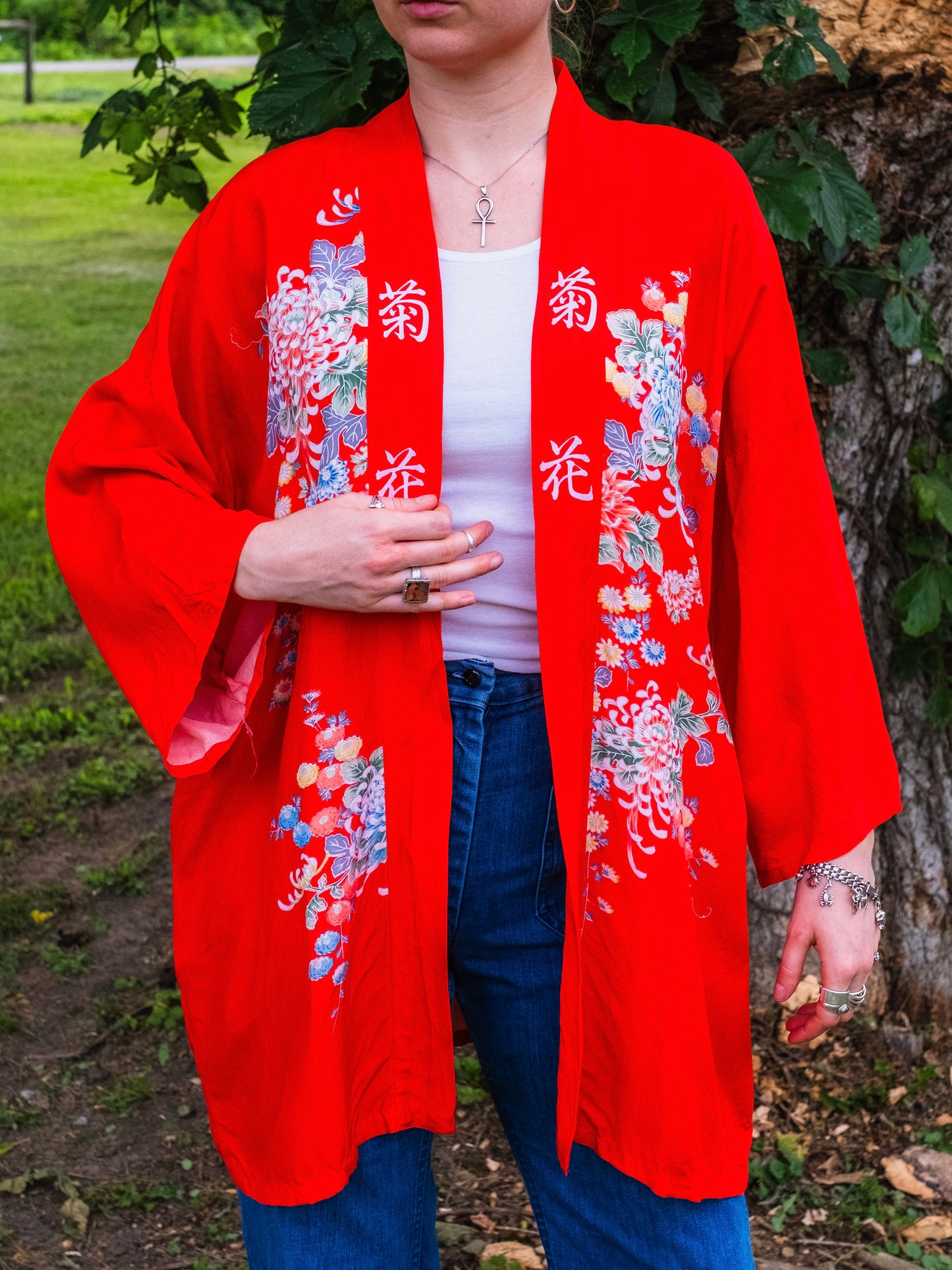 Vintage 1970s Japanese Red Floral Pattern House Coat | L/XL