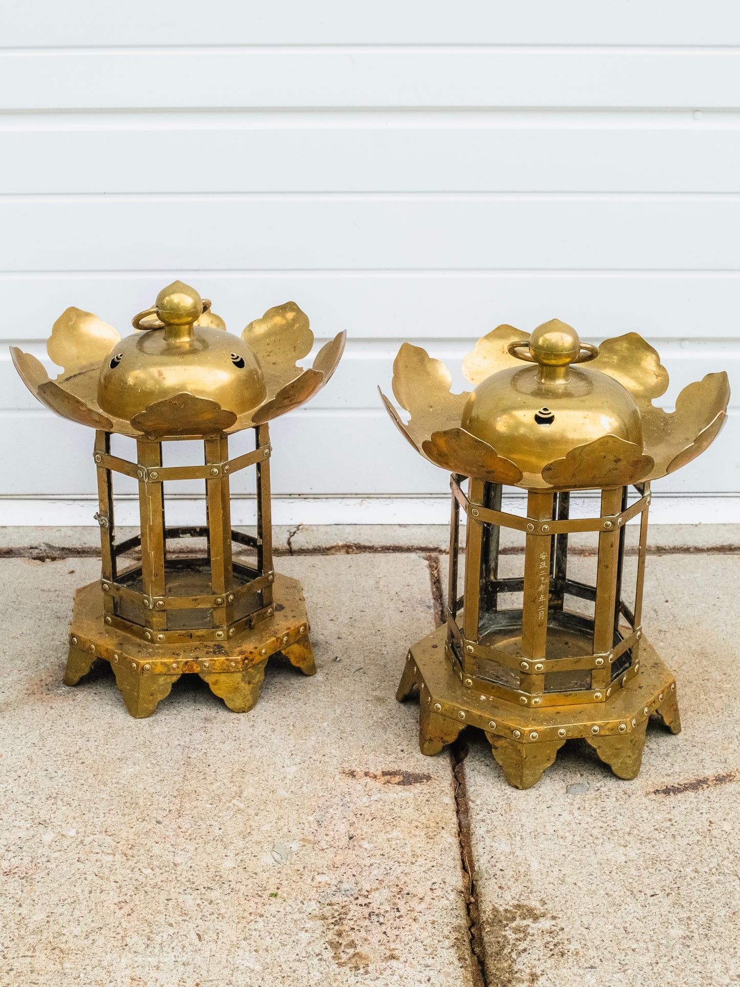 Antique 1855 Japanese Solid Brass Buddhist Temple Lanterns | Set of 2