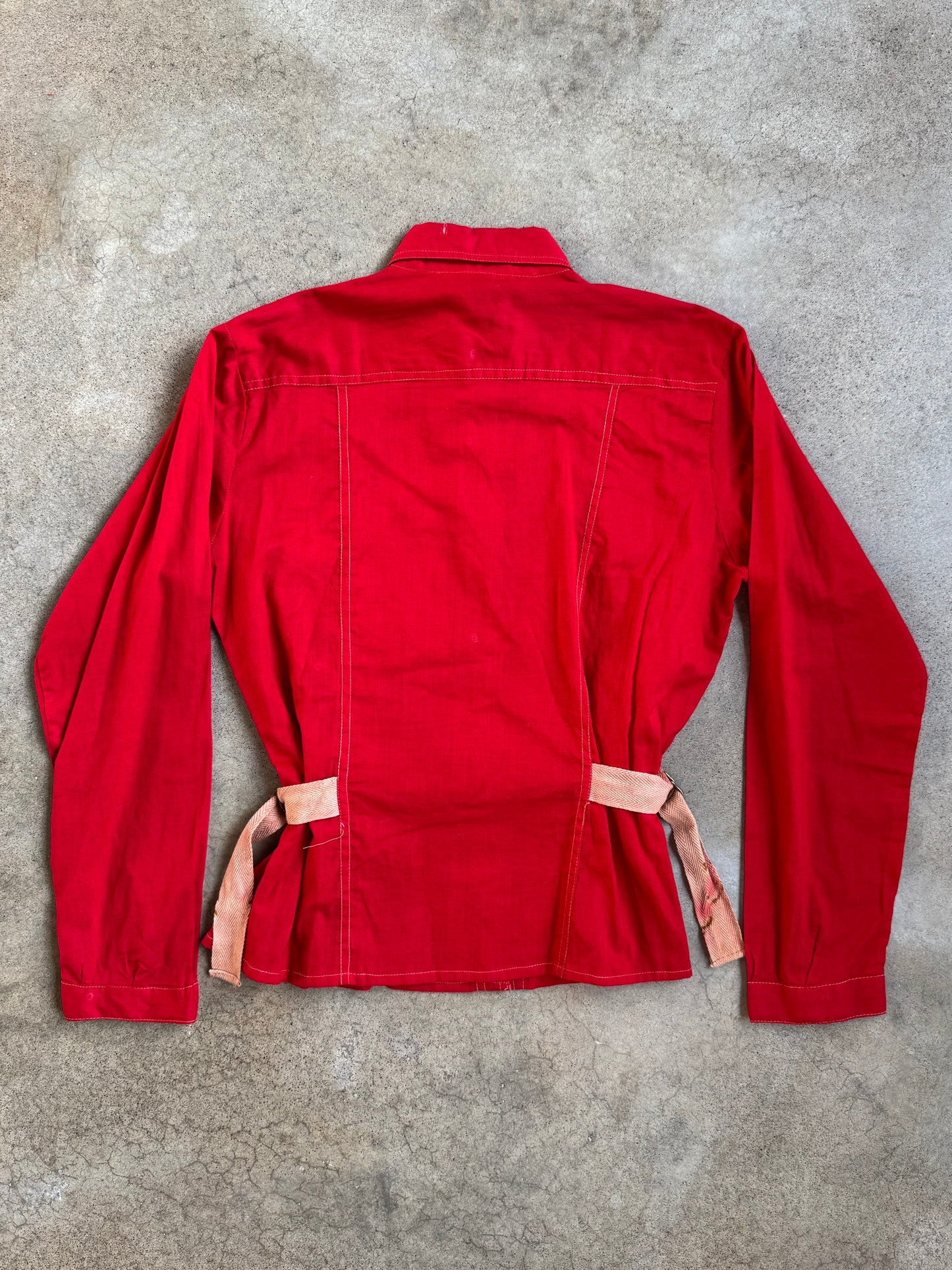 Vintage 1970s Mahudi Miami Red Cinch Waist Belt Cotton Shirt | Large