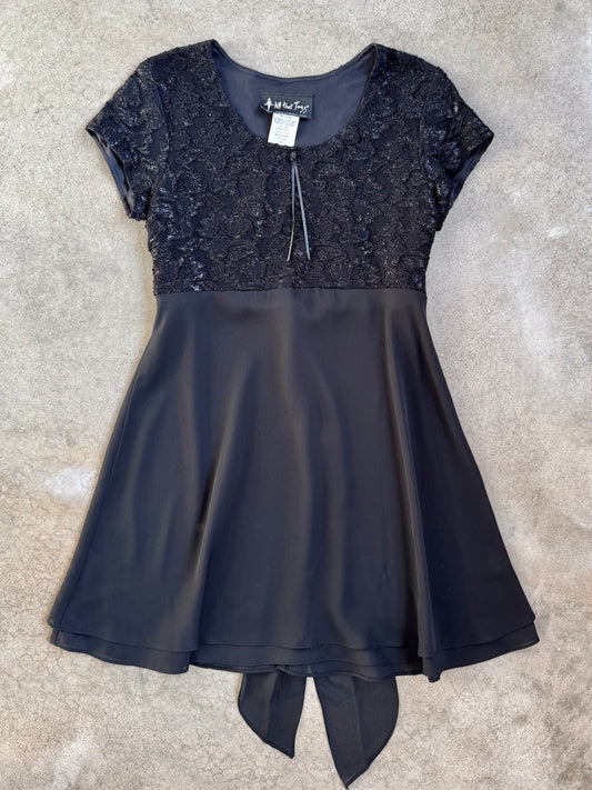 Vintage 1990s All That Jazz Black Metallic Lace A-Line Mini Dress | Medium