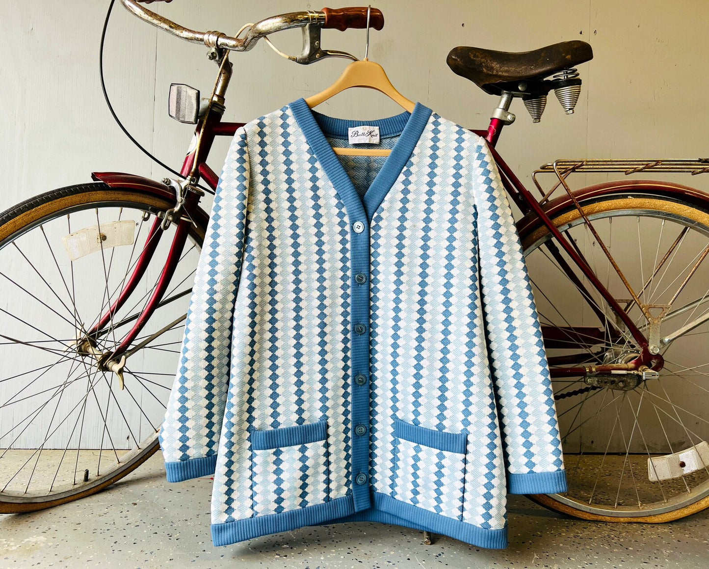 Vintage 1960s/70s Butte Knit Blue Diamond Patterned Cardigan | M/L