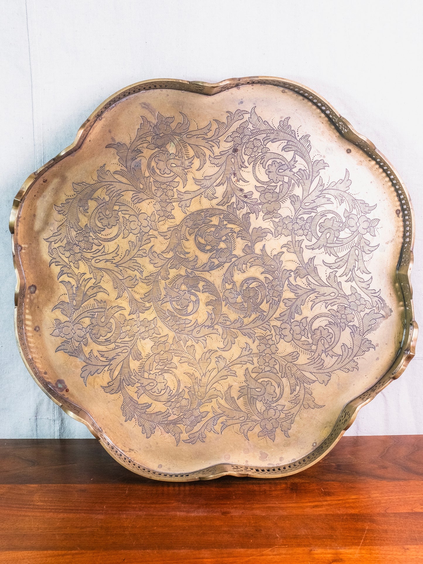 Vintage Large Solid Brass Etched Platter Tray