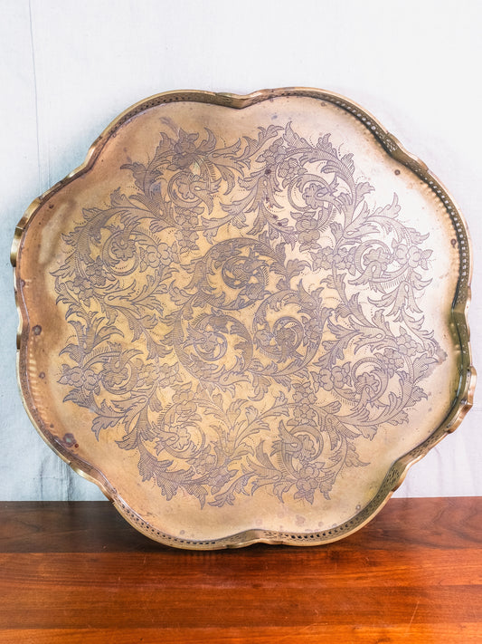 Vintage Large Solid Brass Etched Platter Tray