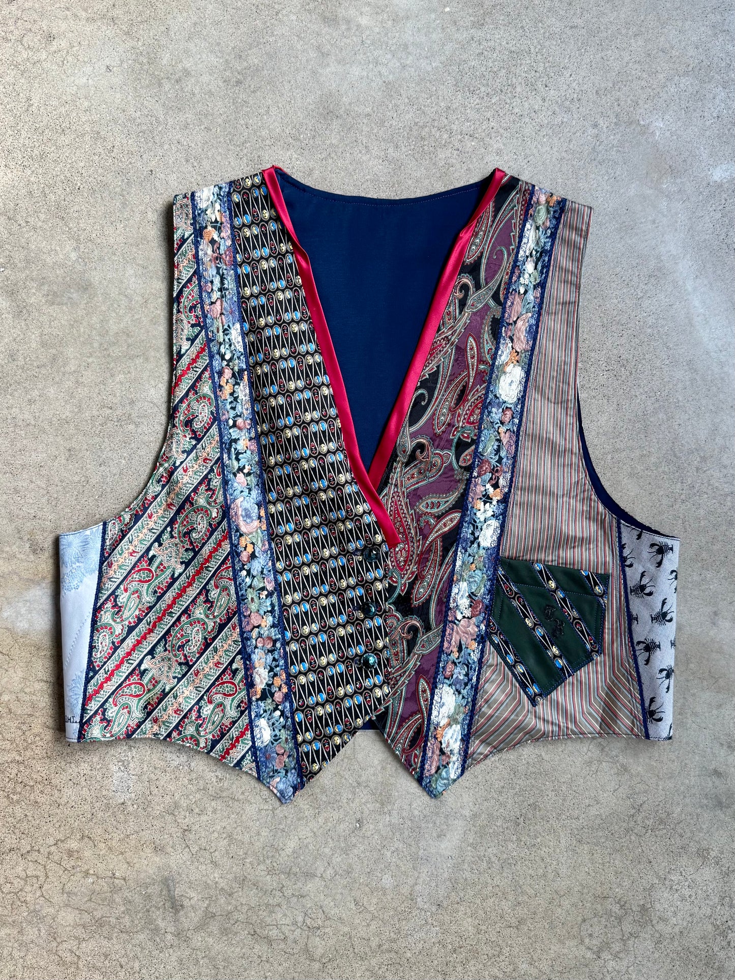 Vintage 1980s Handmade Patchwork Necktie Waistcoat Vest | Large
