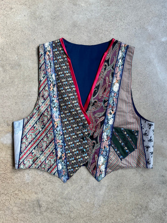 Vintage 1980s Handmade Patchwork Necktie Waistcoat Vest | Large
