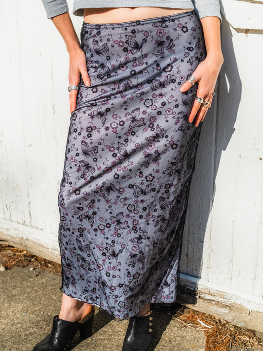 Vintage 1990s Red Alert Black Mesh Overlay Butterfly Print Maxi Skirt | Medium