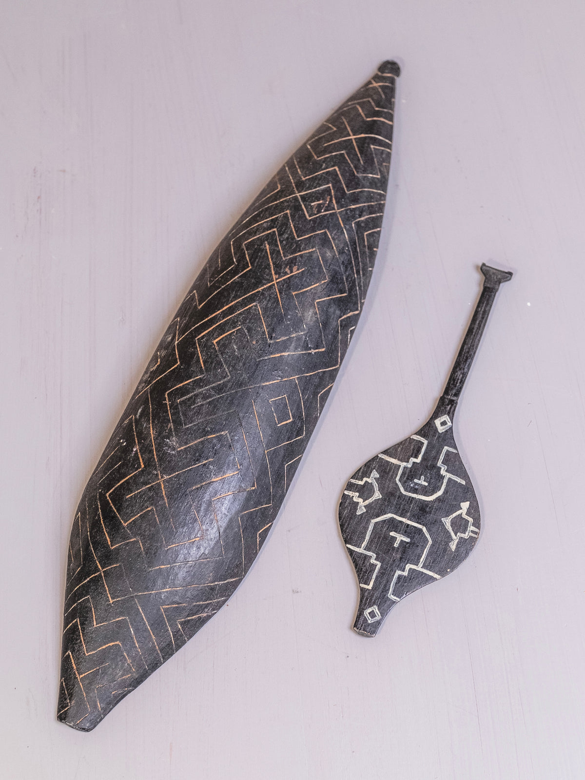 Vintage Hand-Carved Tribal Painted Wooden Boat & Paddle Display