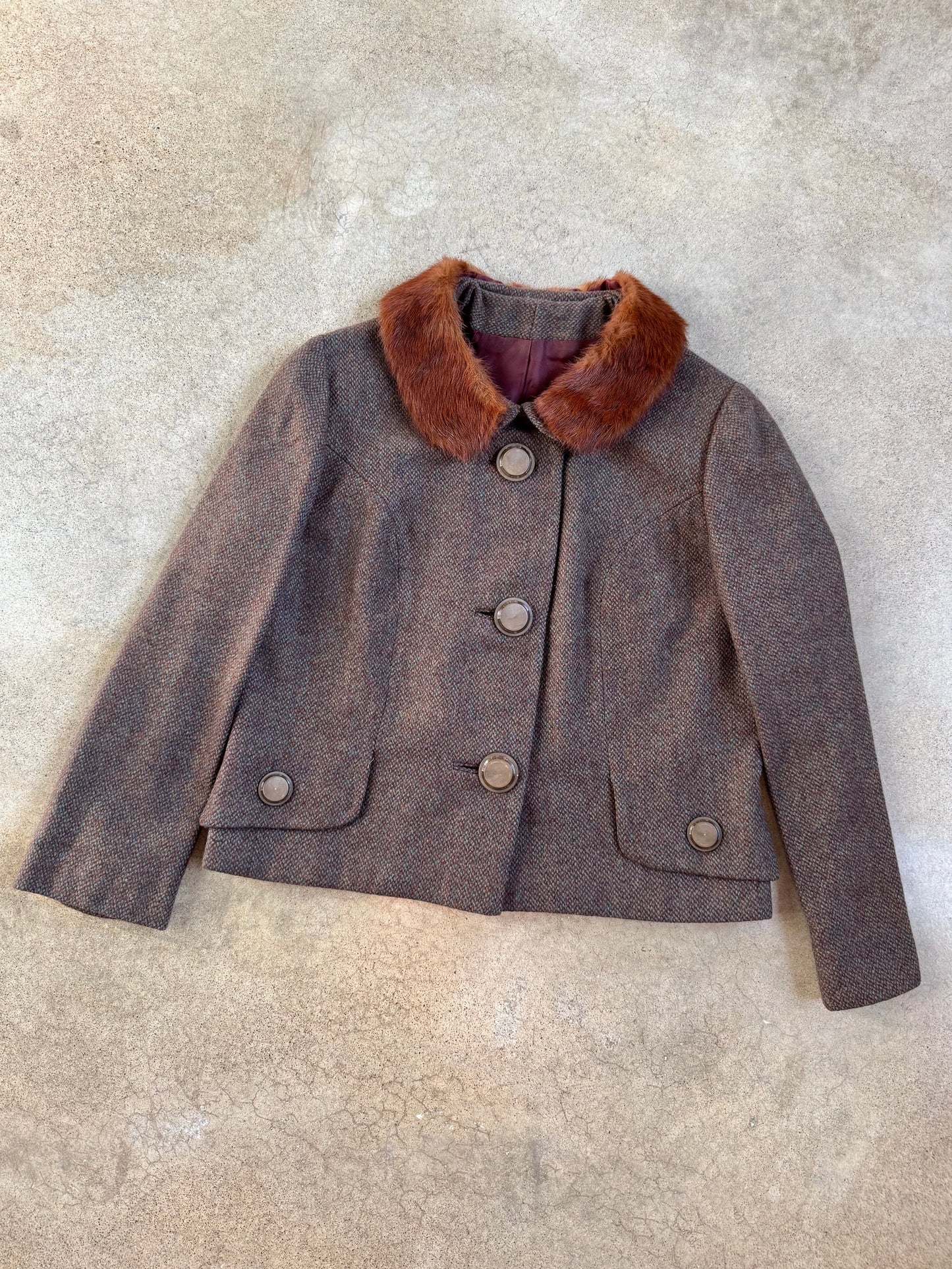 Vintage 1950s/60s Brown Wool Skirt Suit w/ Genuine Fur Collar | XS