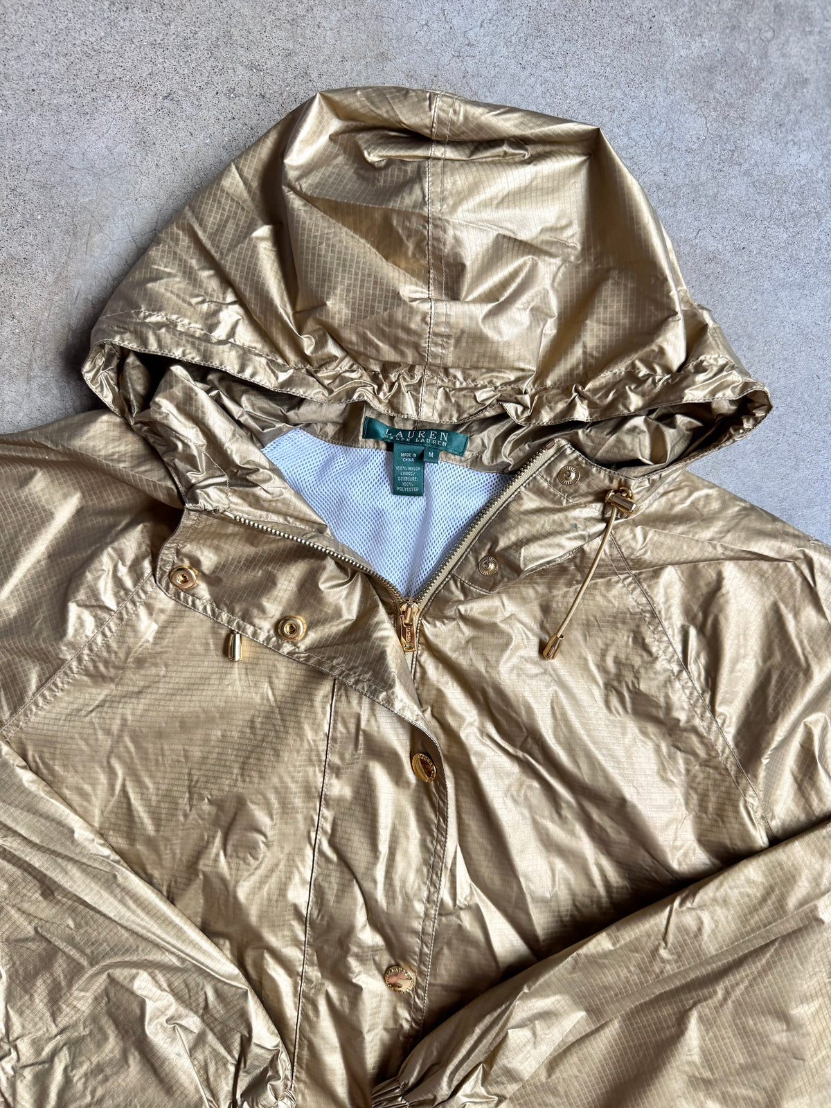 Lauren Ralph Lauren Gold Metallic Hooded Windbreaker Jacket | Medium