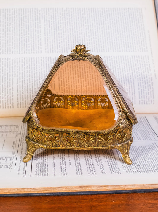 Antique French Ormolu Gold Filigree & Amber Glass Pyramid Box