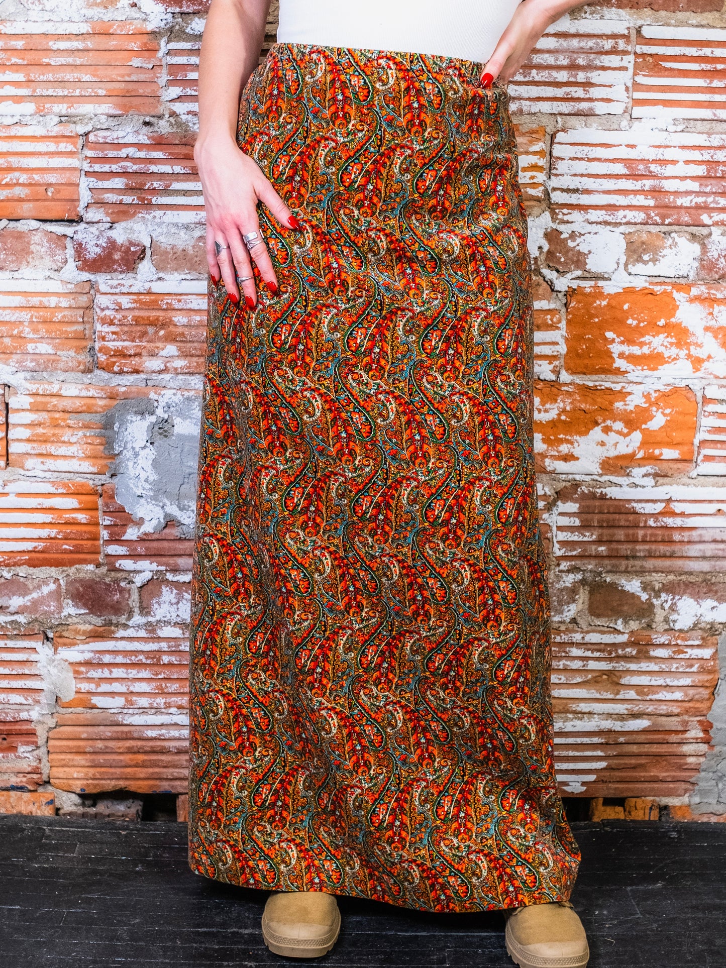 Vintage 1980s Beverly Paige Paisley Velvet Maxi Skirt | Large