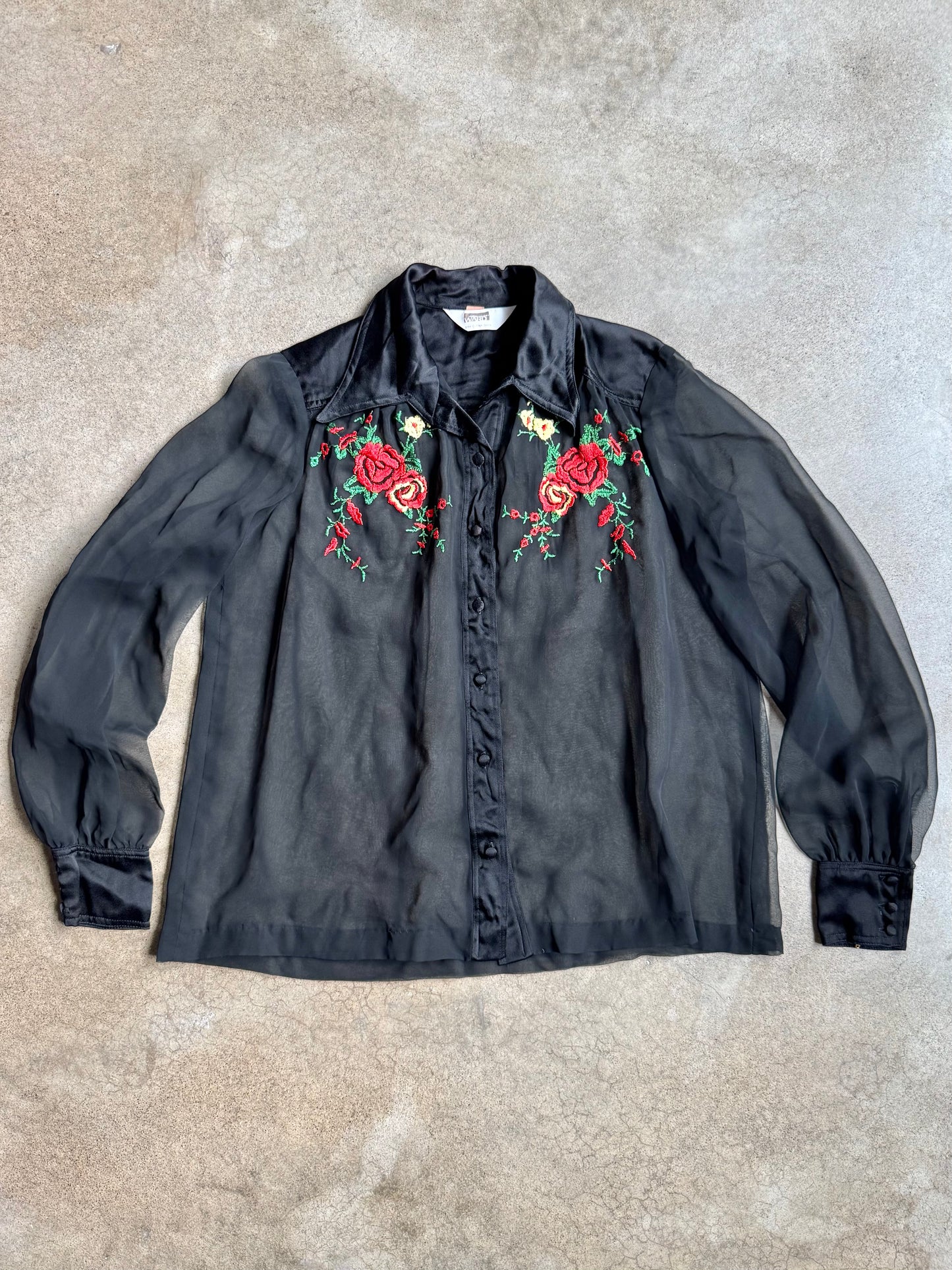 Vintage 1970s/80s Montgomery Ward Black Sheer Floral Embroidered Blouse | L/XL