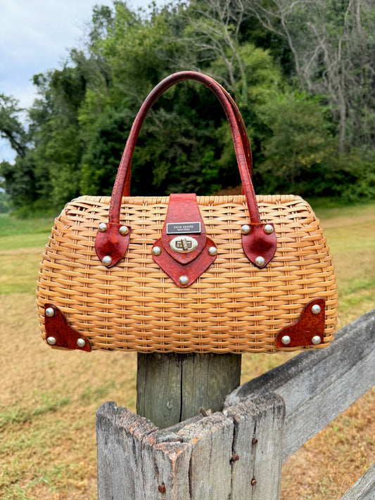 Vintage 1990s Kate Spade Woven Wicker & Leather Accent Top Handle Bag