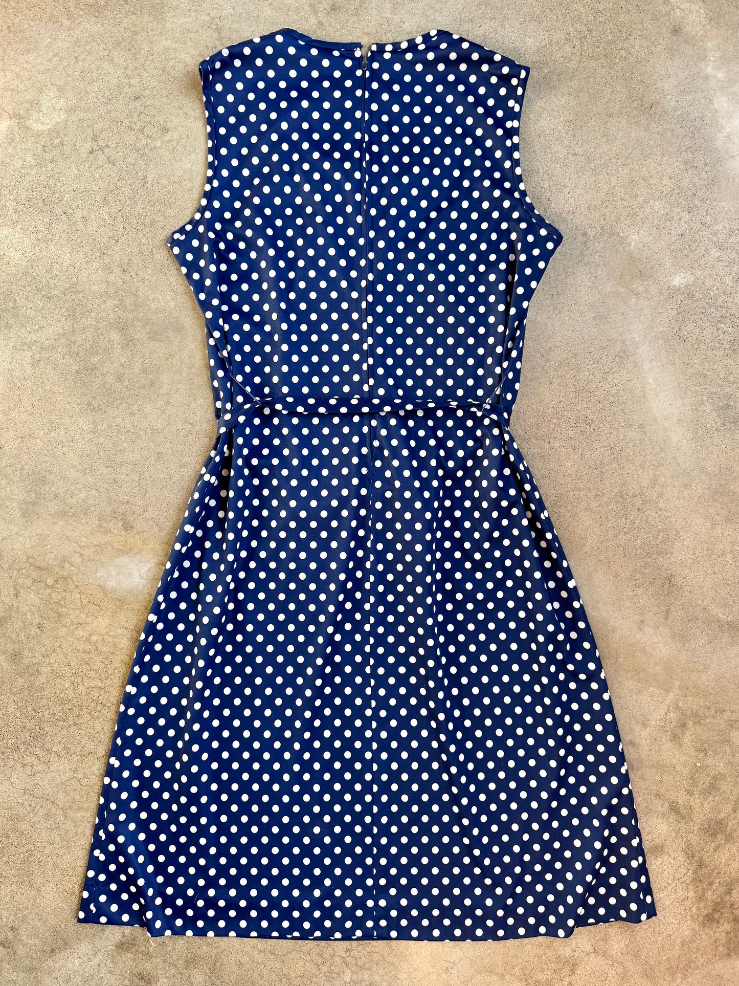 Vintage 1970s Three R’s Navy & White Polka Dot Tie-Waist Dress | Large
