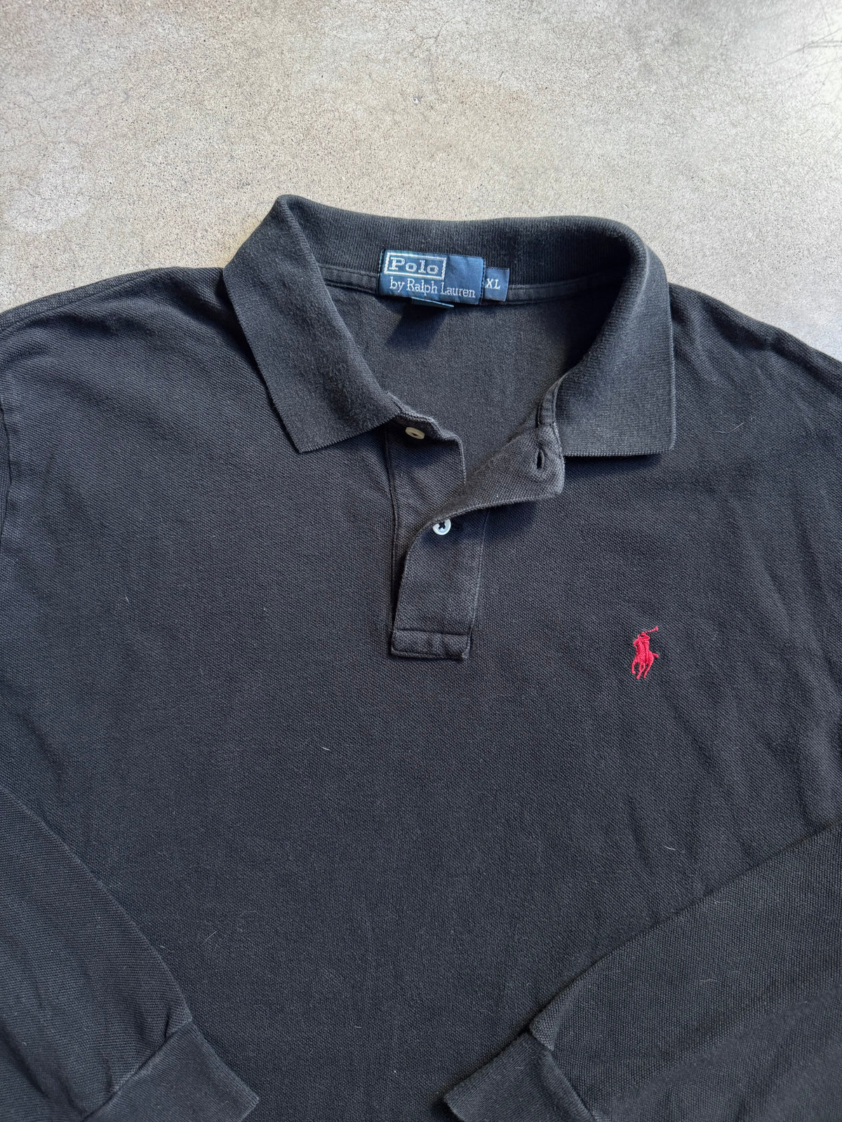 Vintage 1990s Polo Ralph Lauren Black Cotton Long Sleeve Polo Shirt | XL