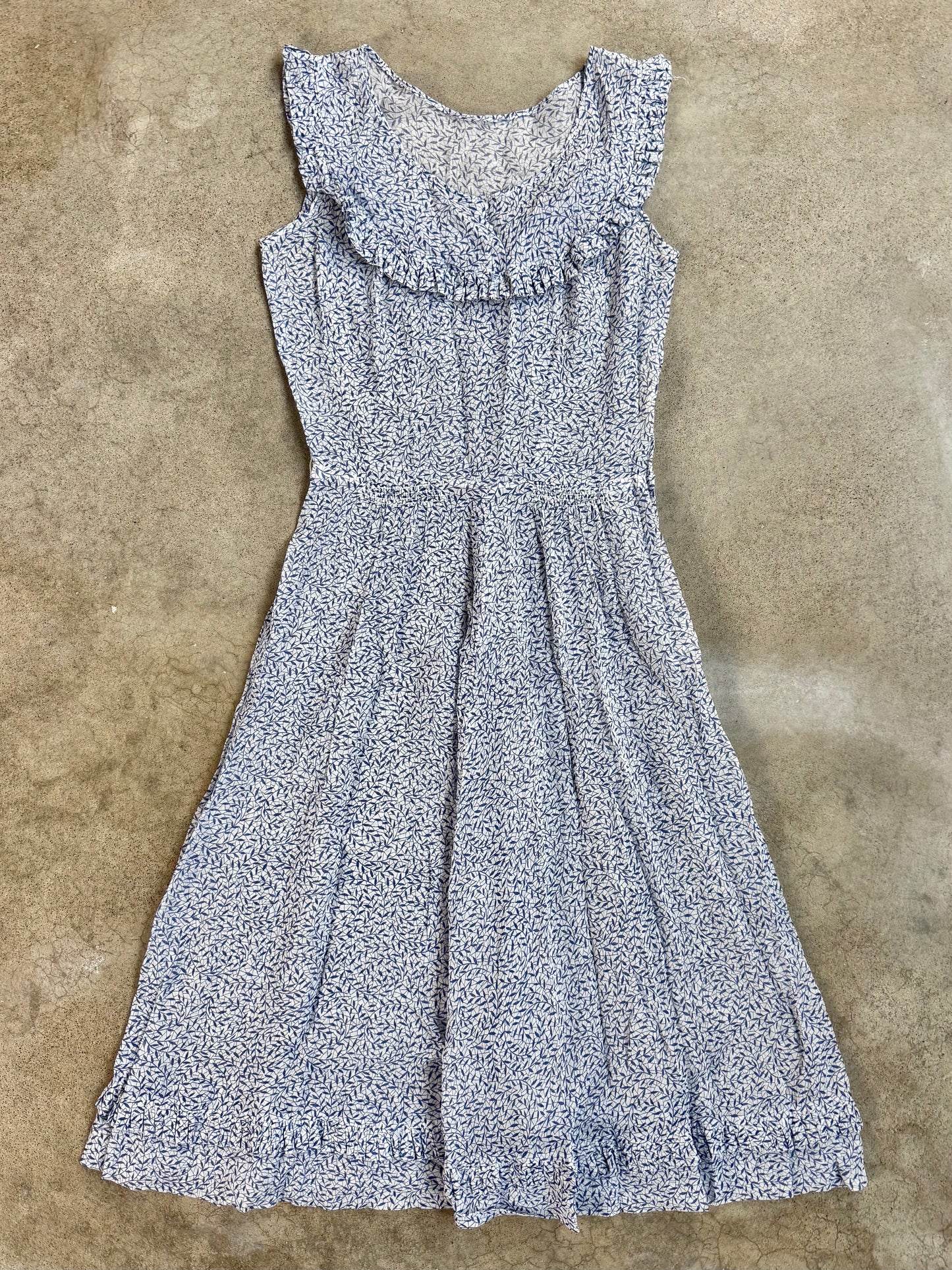 Vintage 1940s White & Blue Leaf Pattern Sheer Ruffle Trim Dress | Small