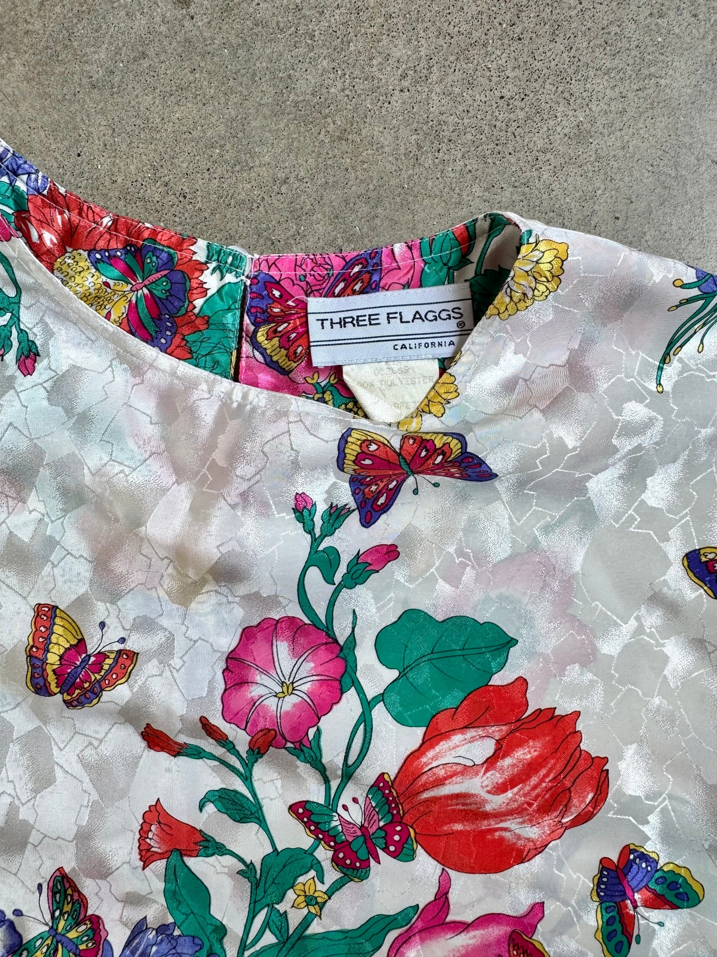 Vintage 1980s Three Flaggs California Floral Butterfly Print Satin Blouse | Medium