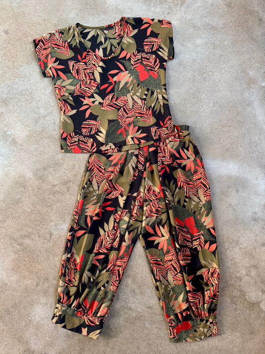 Vintage 1980s Richtone NY Tropical Leaf Print Two-Piece Set | S/M