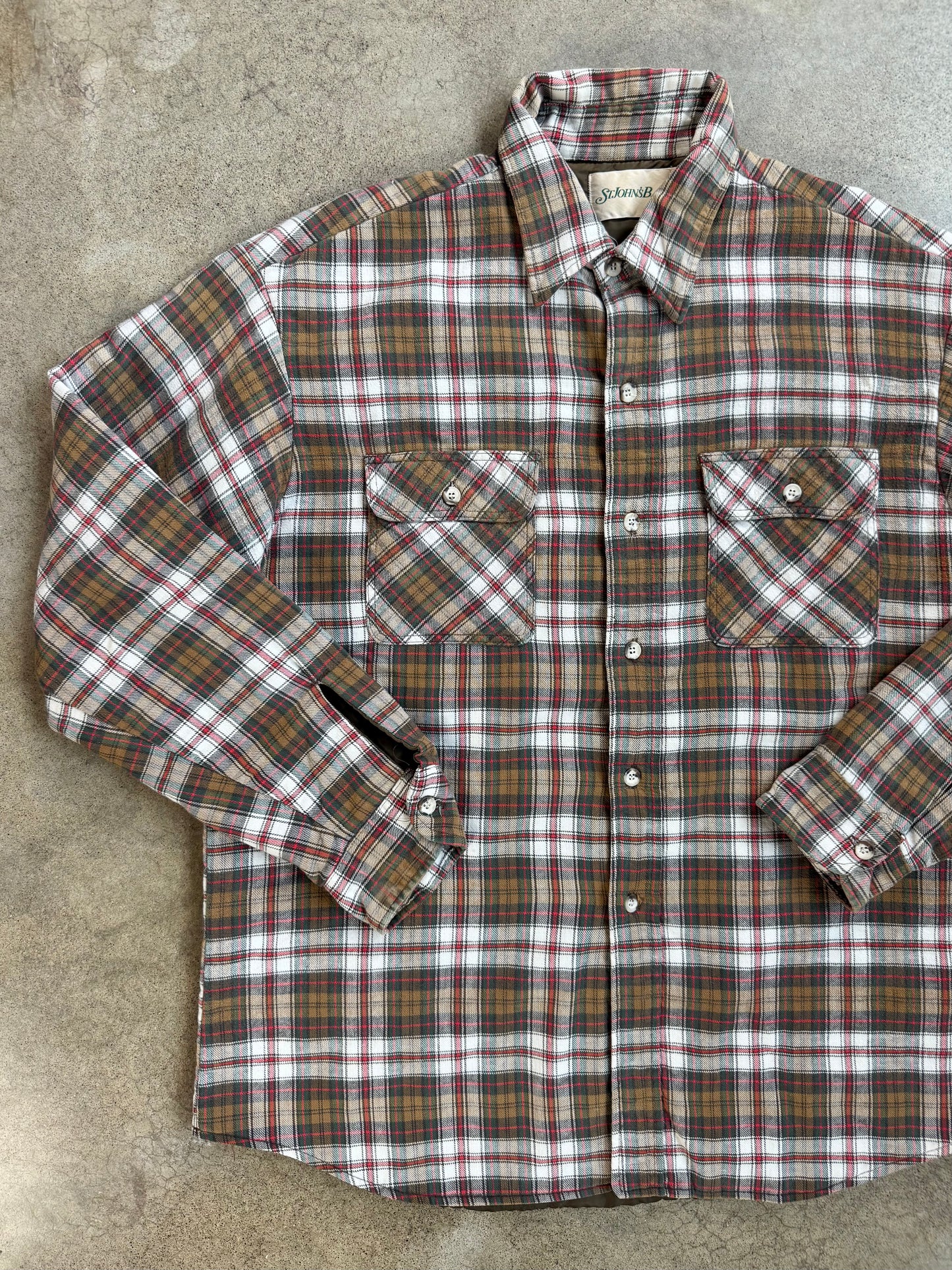 Vintage 1990s St. John’s Bay Brown & Red Plaid Quilt-Lined Cotton Shirt Jacket | XL