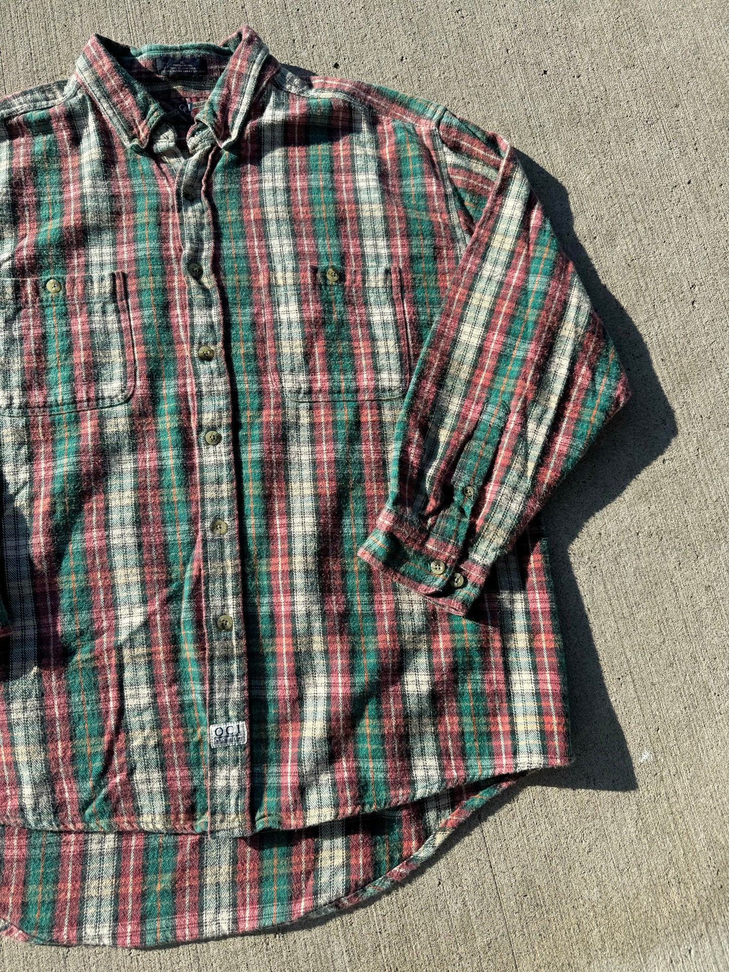 Vintage 1990s Old College Inn Red & Green Plaid Cotton Flannel Shirt | XL