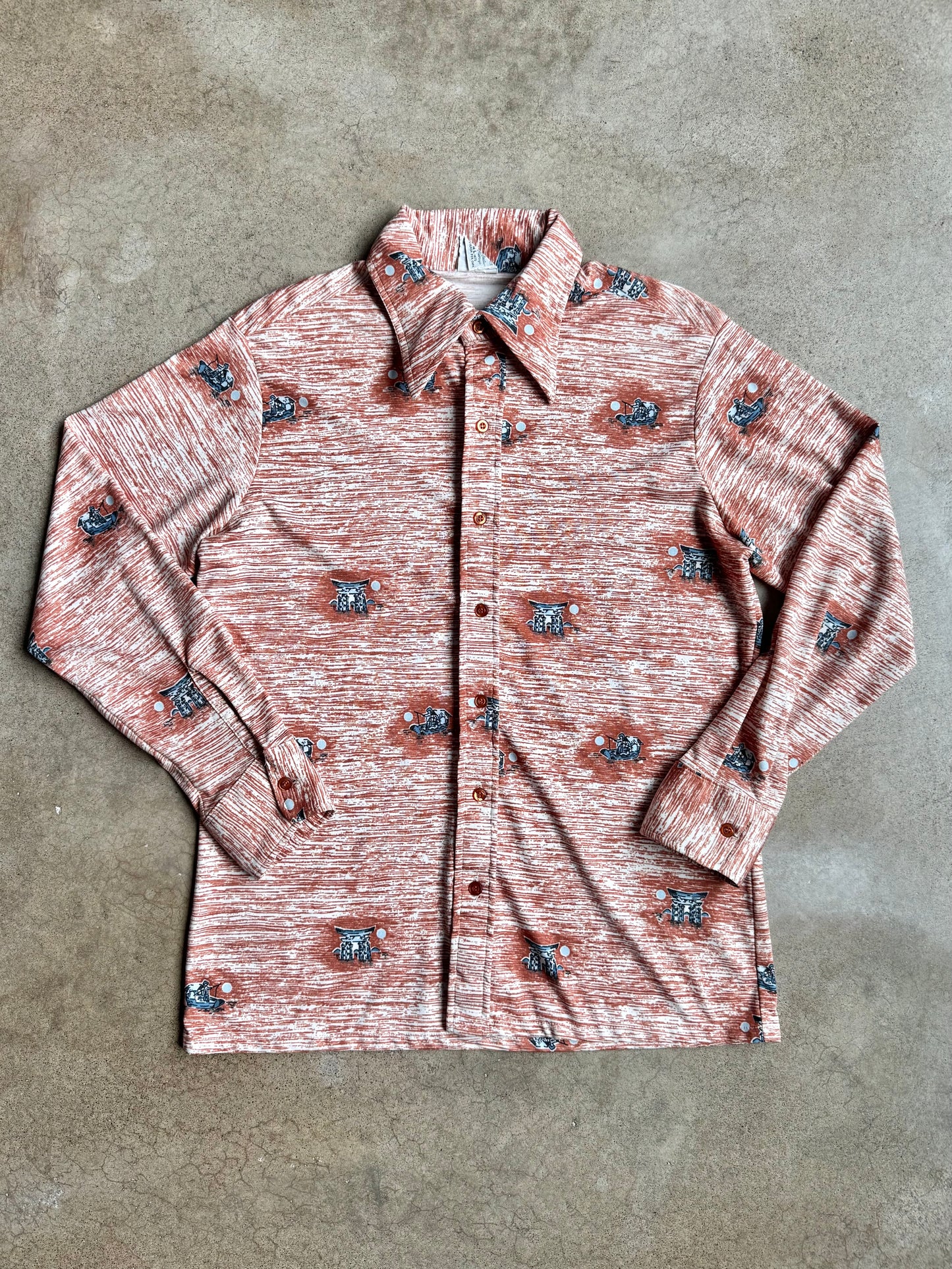 Vintage 1970s Kmart Japanese Torii Gate Printed Polyester Shirt | Large