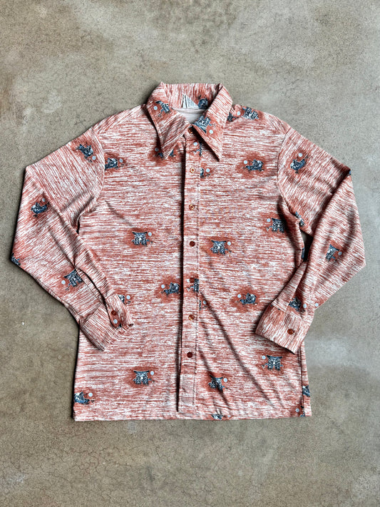 Vintage 1970s Kmart Japanese Torii Gate Printed Polyester Shirt | Large