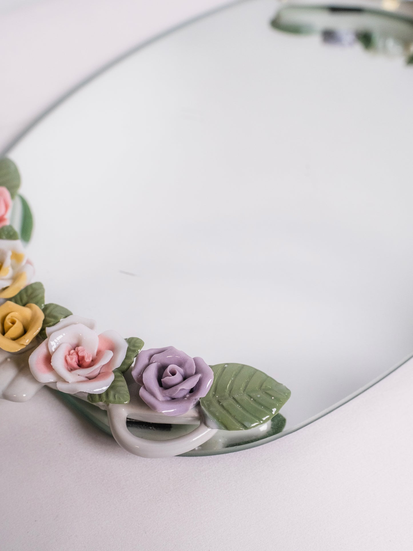 Vintage 1980s Oval Porcelain Flower Mirror Vanity Tray