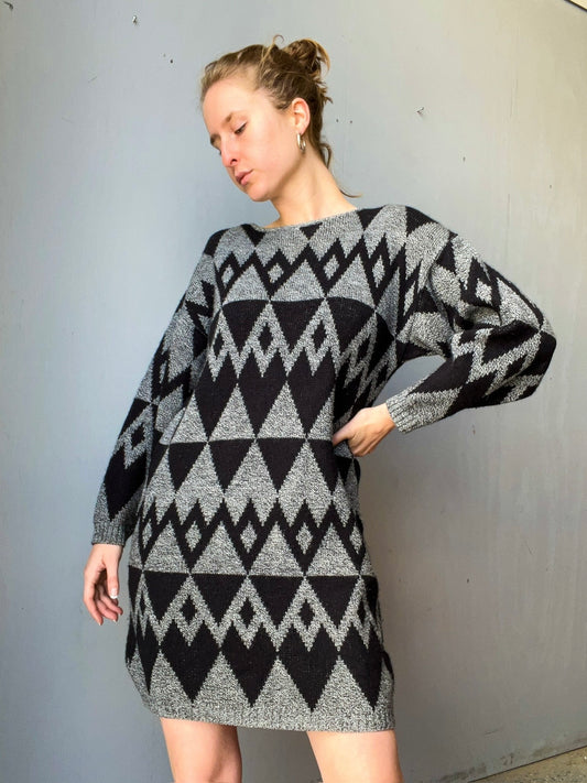Vintage 1960s Dress Dujour Geometric Long Sleeve Sweater Dress | Small