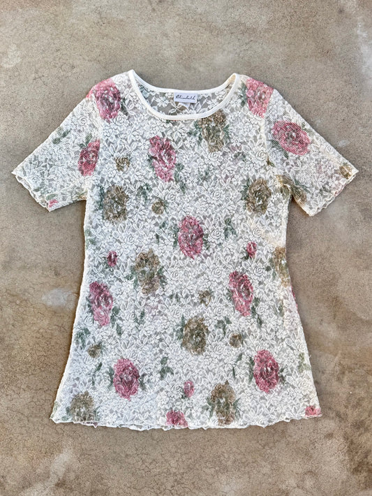 Vintage 1980s Elizabeth Floral Mesh Lace Short Sleeve Mini Dress | L/XL