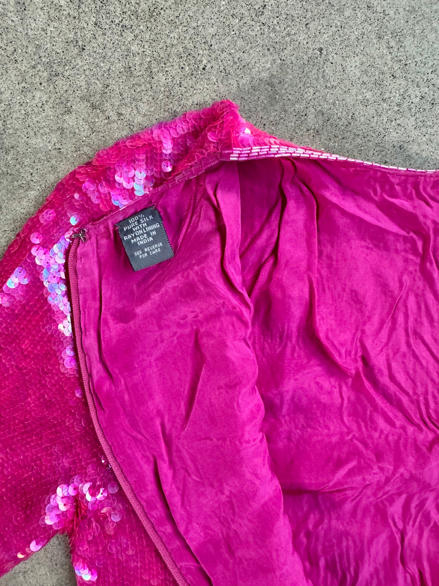 Vintage 1990s Modi Hot Pink Sequined 100% Silk Dress | Small