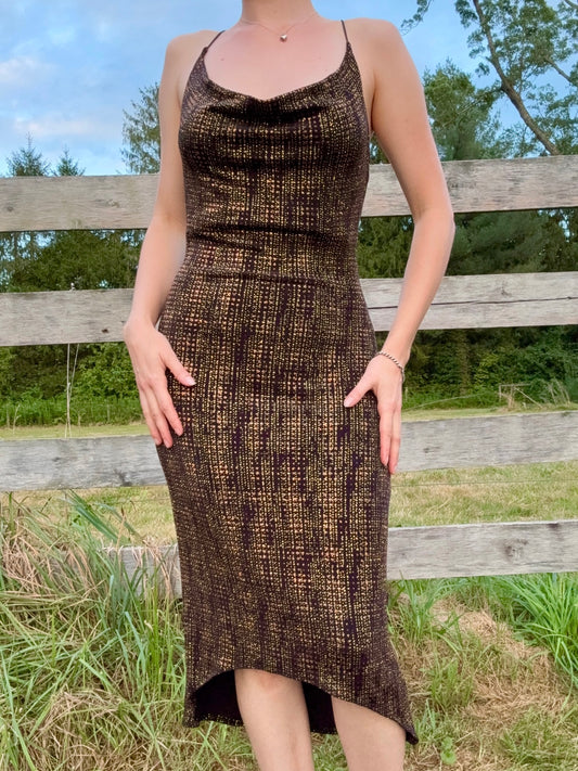 Vintage 1990s/2000s Wet Seal Black & Gold Shimmer Bodycon Open Back Dress | Medium