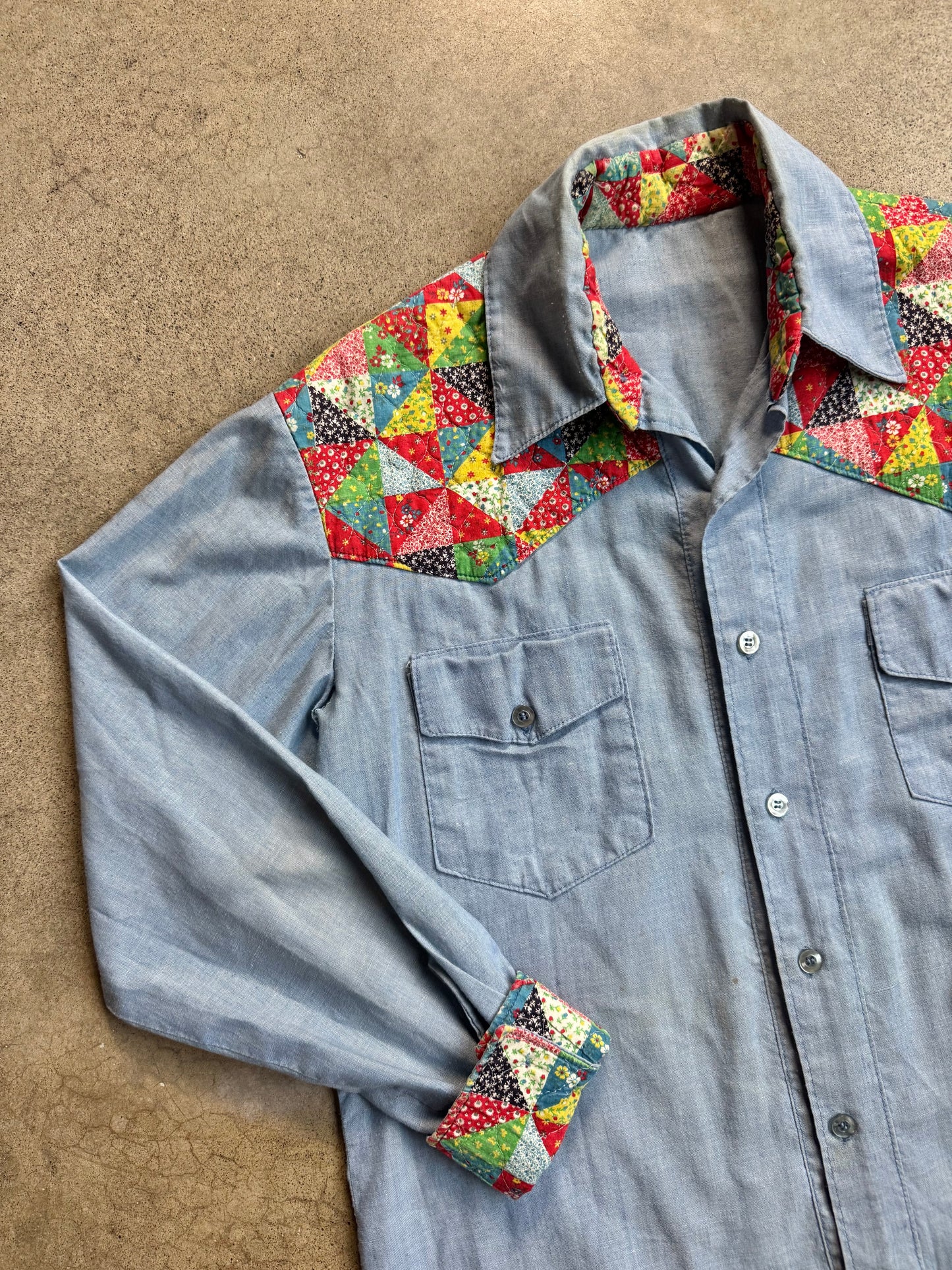 Vintage 1960s Handmade Quilted Patchwork Chambray Button-Up Shirt | Medium