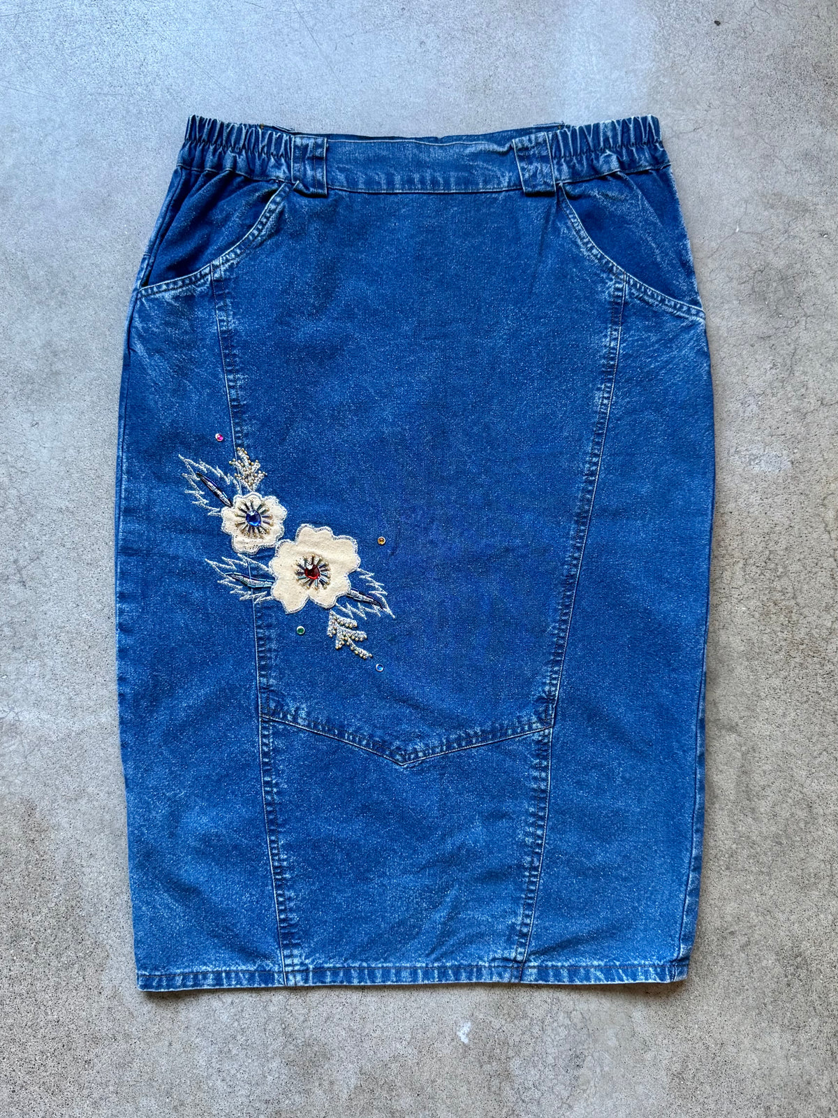 Vintage 1980s Snow Blue Floral Beaded Appliqué Denim Two-Piece Skirt Set | Medium