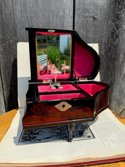 Vintage 1950s Wood Mother of Pearl Inlay Asian Style Piano Ballerina Music Box