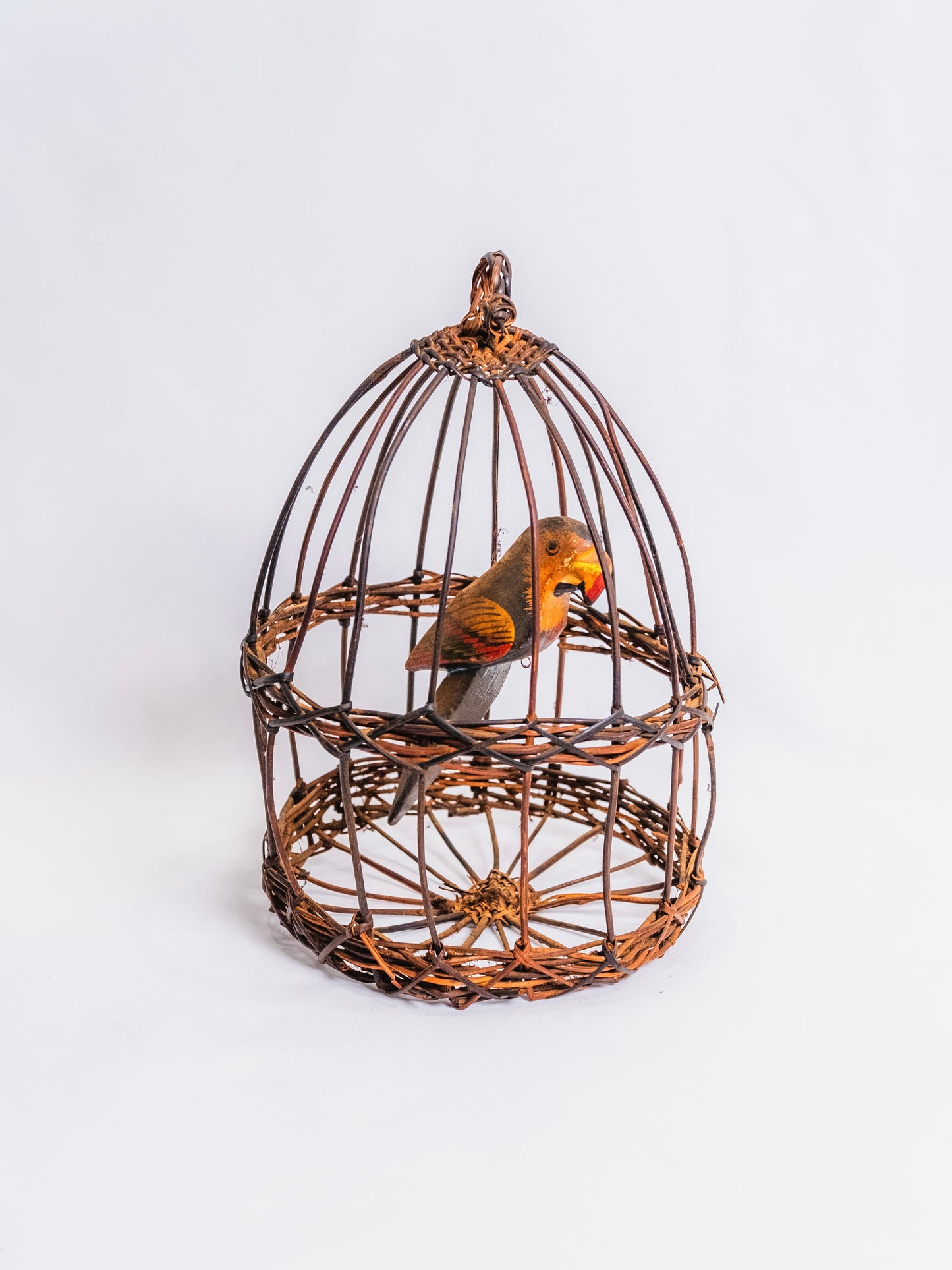Vintage 1930s/40s Hanging Bird Cage w/ Wooden Bird
